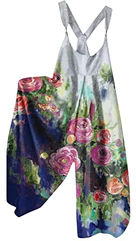 Hosenanzug Damen Festlich Elegant, Overall Damen Festlich Hochzeit Kostüm Damen Overall Bunte Blumen Muster Bedrucktes Ärmelloser Lätzchen Jumpsuits Maleroverall Einweg Damen Overall(XXL,2-Blue)