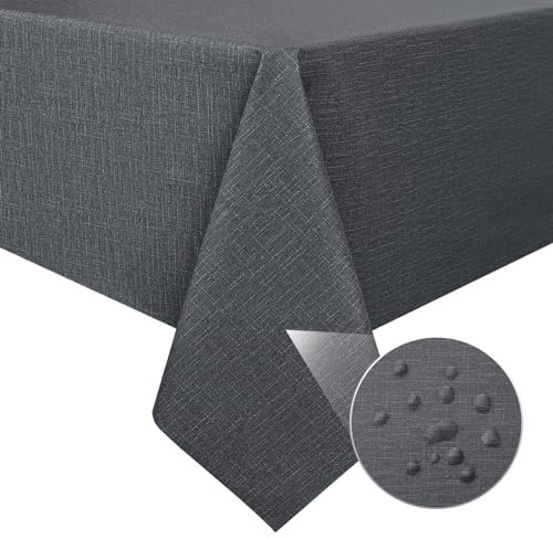 mosayt Leinenoptik Wachstuchtischdecke 140x180 cm Tischdecke Abwaschbar PVC 100% Wasserdicht Tischdecken Plastiktischdecke Wetterfest Wachstuch Grau Outdoor, Garten, Hochzeit,Terrasse,Grill,Draußen