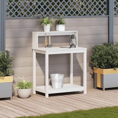 Gecheer Tavolo Invaso con Ripiani,Tavolo da Lavoro per Giardino,Tavolo per Piante in Legno,Banco da Lavoro da Giardino,Tavolo da Esterno,Banco da invasatura,Bianco 82,5x50x109,5 cm Massello Pino