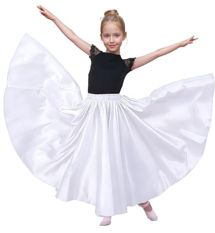 Baisdan Gonna per Danza del Ventre per Ragazze, Gonna Lunga in Raso Cerchio Completo per Danza del Ventre, Costume da Ballo Flamenco,Bianco 8-12 Anni