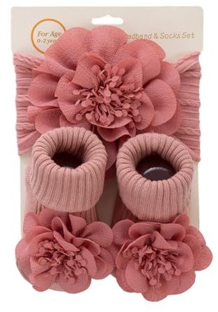 LICHENGTAI Fascia Capelli Neonata in Chiffon + Calzini da Neonato con Fiocco in Pizzo, Cerchietto Floreale per Bambine Copricapo Carino per Bambini Neonati, Bambina
