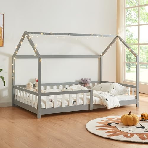 [en.casa] Hesel Children's Bed Grey 140 x 200 cm with Fall Protection and Slatted Frame Montessori Floor Bed Children's Bed Wooden Bed