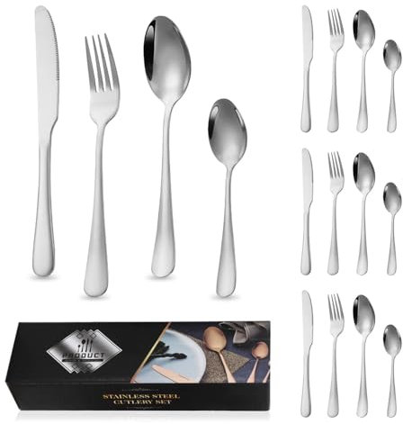 Bieiyhe 16 Teiliges Besteckset,Besteck Edelstahl,Essbesteck Camping,Kinderbesteck Ab 3 Jahre,Cutlery Mit Messer Gabel Löffel,Elegantes Besteck Set,Besteck Spülmaschinenfest für Haus Party Restaurant