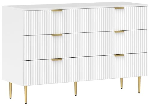 HOMCOM Commode 6 tiroirs Commode Chambre Meuble de Rangement Moderne avec poignées et Pieds dorés, pour Chambre à Coucher, Salon, dim. 120 x 40 x 76,5 cm, Blanc