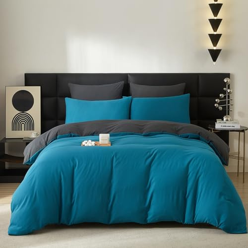 Gezu Juego de ropa de cama de algodón de 220 x 200 cm, 3 piezas, color azul y gris petróleo, 3 piezas, diseño liso liso liso para cama de matrimonio, ropa de cama reversible de 200 x 220 cm y 2 fundas