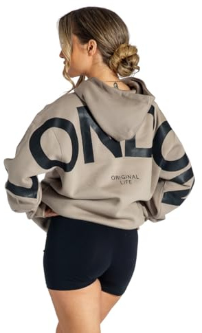 Lang Horn London Hoodies for Women UK Oversized Sweatshirts Letter Print Pullover Hoodie Women With Pocket and Drawstring Large Beige