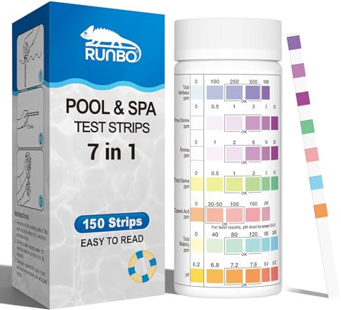 Strisce reattive per piscina 7 in 1 per spa, tester dell'acqua da 150 pezzi per spa, test accurato di bromo, alcalinità totale, cloro libero, durezza totale, acido cianurico e cloro totale, pH