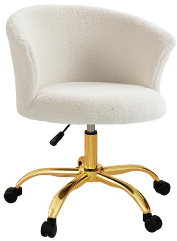 Vinsetto Sedia da Ufficio Girevole, Poltrocina da Scrivania Imbottita in Velluto Teddy con Struttura Acciaio, Altezza Regolabile, per Studio e Camera da Letto, Portata 120kg, Bianco e Oro