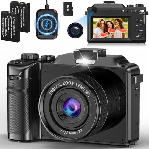 4K Digitalkamera, 64MP 18X Digital Zoom Fotokamera, Autofokus WiFi Vlogging Fotoapparat mit Selfie, Kompaktkamera mit 32GB Karte Leser Ladestation 2 Batterien für Teens Anfänger Erwachsene