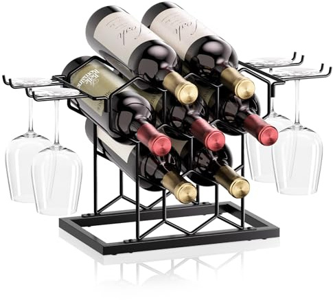 B4Life Countertop Wine Rack 3 Tier, Wine Rack with Glass Holder 8 Bottles, Freestanding Small Liquor Holder Metal, Tabletop Bottle Storage Stand for for Home, Kitchen, Bar, Cellar (Black, 8 Bottles)
