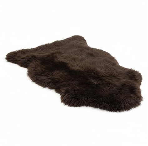 Alfombra de piel de oveja de lujo, 100% lana real natural, suave, sedosa y esponjosa. Manta para dormitorio, sofá o suelo muy cálida, transpirable y decorativa (90 x 60 cm) (Marrón chocolate)