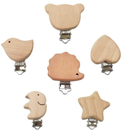 Juego de 6 clips de madera natural con forma de animales, cadena anticaídas con hebillas metálicas, seguros y no tóxicos, accesorios multifuncionales para ropa y cochecito
