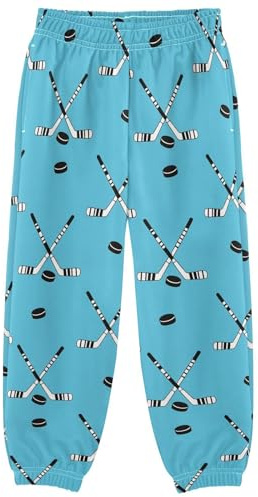 FFYHO Boys' Jogger Pants with Cuffed Ankles, Hockey Sticks and Pucks Print Kid's Thick Sweatpants, Easy Care Wrinkle-Resistant for Play Sports School Casual Wear Ages 3