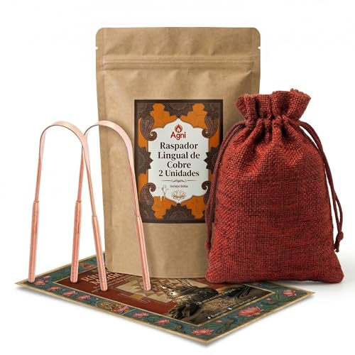Agni Raspador de Lengua de Aleación de Cobre y Acero Natural Pack 2 con Bolsa - Raspador de Lengua Adulto, Limpieza Lingual Profunda, Higiene Bucal, Elimina Mal Aliento, Elimina Halitosis