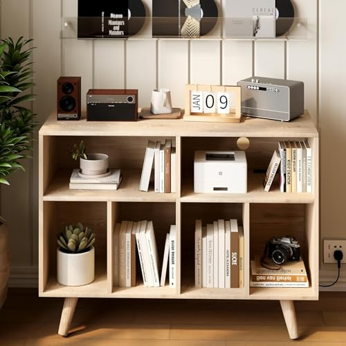 Garvee Großes Plattenspieler Regal, Schallplattenregal für bis zu 350 Vinyl, Holzregal mit USB und Steckdose – Offenes Design für Wohnzimmer, Schlafzimmer, Büro – Naturholz