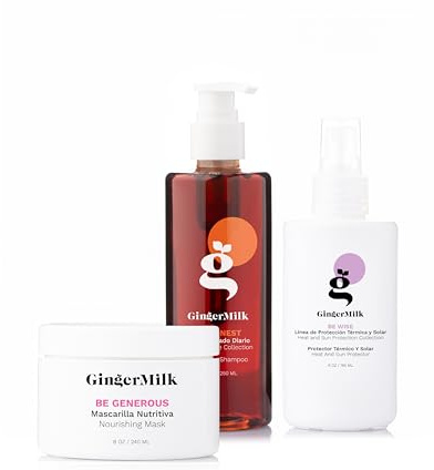 Ginger Milk Rutina de Nutrición Capilar, Kit Hidratante con Jengibre para Cabello Seco, Apagado o con Frizz. Shampoo control grasa 250ml, Mascarilla hidratante 240gr y Protector Térmico y solar 180ml
