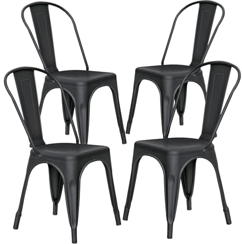 H JINHUI Set of 4 Stackable Dining Chairs, Industrial Vintage Metal Kitchen Chairs with Backrest, Dining Room Kitchen Chairs for Outdoor and Indoor Bistro Restaurant Wedding (Black, Iron Seat)