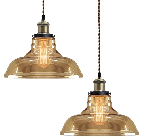 Long Life Lamp Company 2 x Modern Loft Industrial Glass Bowl Pendant Light Shade Smoked Antique Brass Retro Vintage Ceiling Lighting 83