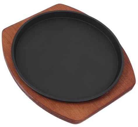 Yardwe Cast Iron Grill Pan 8.26 Inch Round Non-Stick Bbq Steak Pan for Induction Cooker with Wooden Base Ideal for Home Kitchen and Outdoor Camping Teppanyaki Cooking