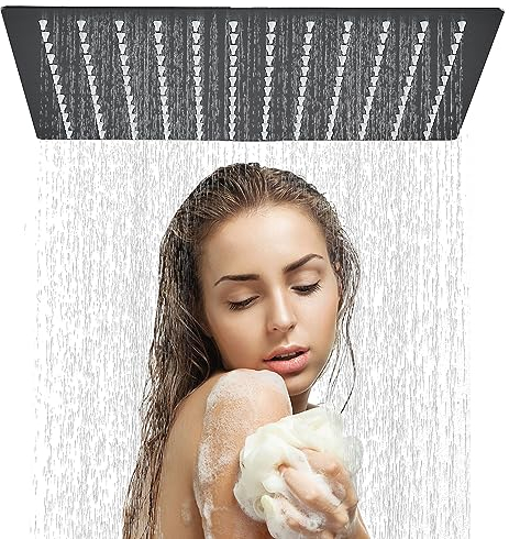 Rozin Soffione doccia a pioggia, colore nero, 12 pollici (30 cm), quadrata, soffione doccia a pioggia, in acciaio inox, ultra sottile, con ugelli anticalcare, design rinforzante la pressione G1/2