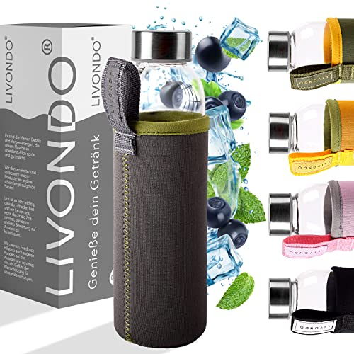 LIVONDO Gourde en verre de 0,5 l avec bouchon à vis en acier inoxydable et housse en néoprène - Passe au lave-vaisselle (ville - Gris Ulitmate)