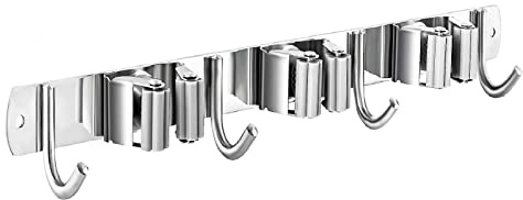 Nuulyycyi Mop and Broom Hanger Wall Mount, stainless steel Broom Hook Organizer Wall Mounted, Heavy Duty Mop Holder Storage Rack - 3 Racks 4 Hooks for hanging brooms and mops