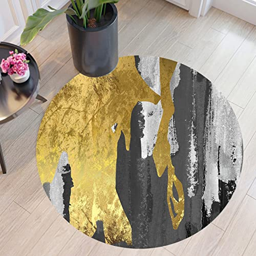 Rug-QJDDUP Teppich Rund,golden Silber Grau Abstrakt Design, Schwarz, Round Diameter 100 cm, Moderner weicher Kurzflor Teppiche Wohnzimmer Schlafzimmer, Bürostuhl, Sofa，leicht zu reinigen
