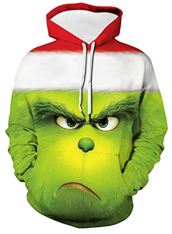 QWUVEDS Herren und Damen Weihnachten Christmas Hoodies Lustige kreative 3D Pullover Sweatshirt für Jungen Mädchen Langarm Hoodie Kordelzug Sweatshirt Grinch Pullover Decken Hoodie Grinch Kleidung