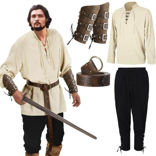 Renässanskostym för män, 5 t-shirts med långa ärmar, ankelrem, konstläderbyxor med armspännen, vikingabälte, accessoar för halloween, pirat