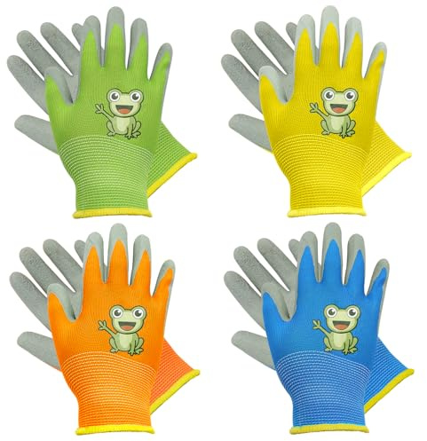 SPOKKI 4 pares de guantes de trabajo para niños, gruesos, resistentes al desgaste, antideslizantes, guantes de jardinería para niños, guantes de protección para camping para niñas y niños (5-7 años)