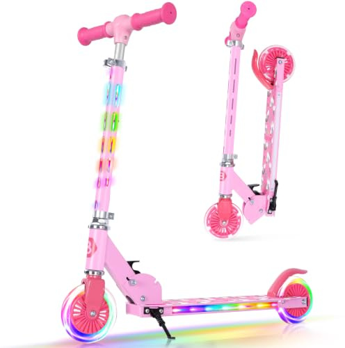 BELEEV V3 Scooter för Barn Från 3 År, Uppgraderad 2-Hjulig, Ljusrosa | Med LED Belysningshjul och Rattstång, Höjdjusterbar i 4 Steg, Hopfällbar Sparkcykel för Flickor och Pojkar i Åldrarna 3-12 År