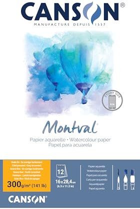 CANSON Montval Aquarellpapier, einseitig geleimter Block, feine Körnung, 300 g/m², 12 Blatt, 16 x 28,4 cm, naturweiß