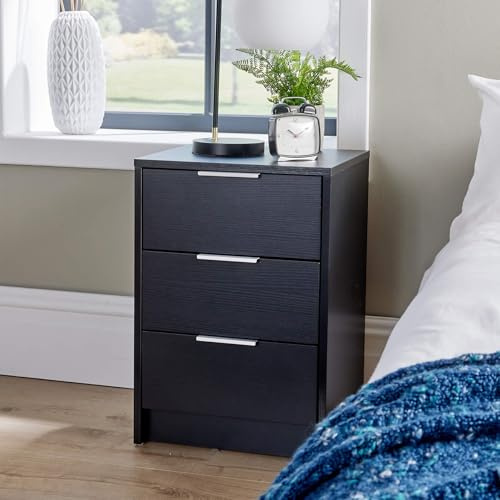 Home Source Bedside Cabinet Nightstand, 3 Drawers, Black