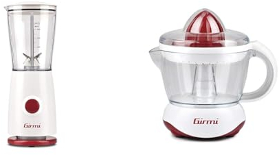 Girmi FR03 Frullatore Elettrico, 170W, 4 Lame in Acciaio INOX, 500 ml, Bianco & SR02 Spremiagrumi Elettrico, 25 W, Capacità 700cc, Doppia coppa di spremitura piccola e grande, Rosso/Bianco