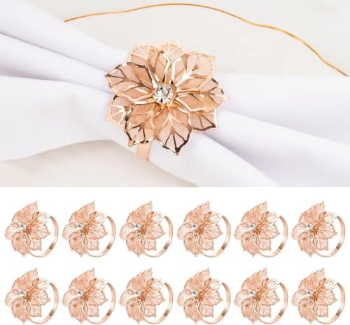 12 Stück Rosegold Blume Serviettenring Schnalle, Aushöhlen Blumen Metall Serviettenringe Halter für Hochzeitsbankett Weihnachtsessen Tischdekor