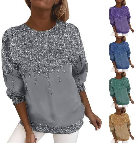 Sweat-shirt brillant pour femme élégant à paillettes à manches longues décontracté col rond manches longues pull tricoté oversize tops sans capuche basique pull mi-saison chemisier adolescente fille