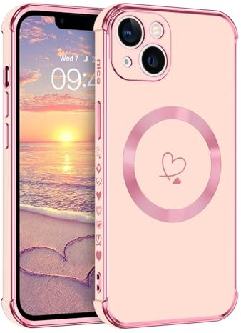 Telaso Magnetische Hülle für iPhone 13, Handyhülle für iPhone 13 Niedliches Herz Muster [ Kompatibel mit MagSafe ] Weiche Plattierung Abdeckung für Frauen, Schutz der Kamera, Rosa