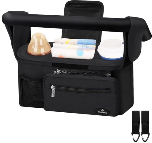 Philorn Kinderwagen Organizer mit Isolierten Getränkehalter/Kaffeehalter, Universal Buggy Kinderwagentasche für Baby Zubehör mit Tasche Schultergurt und Stauraum für Windeln&Handys, Schwarz