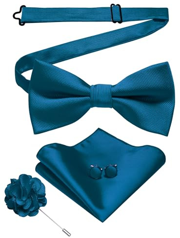 JEMYGINS Pajarita de sarga para hombre en color liso con gemelos cuadrados de bolsillo y flores arreglo set de regalo para fiestas, negocios y bodas, Acero azul., M
