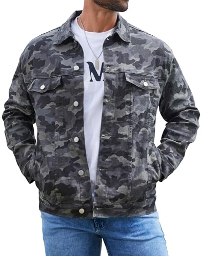 Yuanbang Camo Jackets for Men Trucker Unlined Camouflage Coats Hunting Clothes(Grey Camo Print,M)