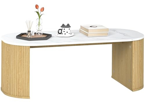 HOMCOM Table Basse Ovale, Table d'appoint Aspect Effet marbre, avec Coins arrondis et Pieds épais, pour Salon Bureau Chambre, 110 x 50 x 40 cm, Blanc