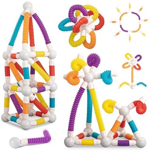 LONEEDY Set di 48 pezzi di giocattoli da costruzione con barre magnetiche retraibili, barre e sfere magnetiche flessibili, blocchi educativi per bambini a partire dai 3 anni (48PCS)