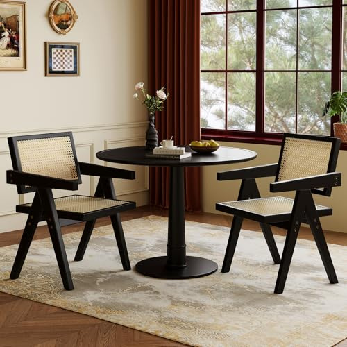 BOAENK Wooden Dining Chairs Set of 2, Mid Century Modern Rattan Dining Chairs, Comfy Armchairs, Outdoor Chairs with Accent Chair Bedroom Living Room for Reading Room Dining Kitchen (Black, Set of 2)