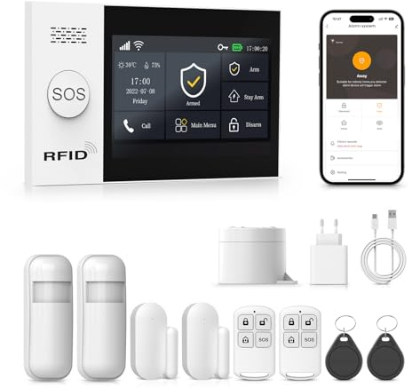 PGST WiFi Sistema di Allarme Casa Senza Fili,GSM SMS Sistema Antifurto Completo con Sirena Allarme 120dB,Telecomando Intelligente,Display LCD, Invite vocale,Sicurezza per la ufficio,Casa