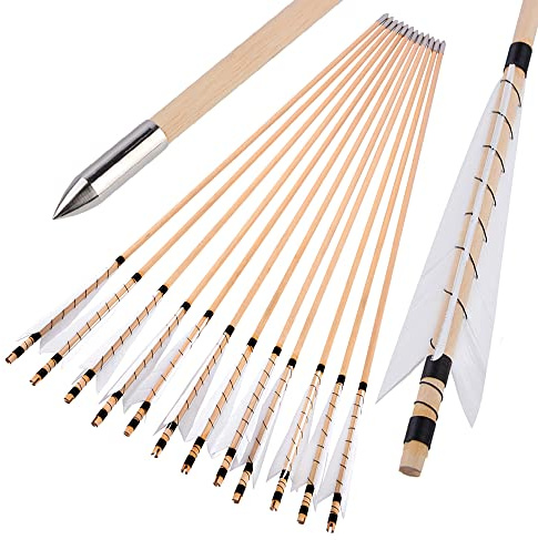 surwolf 32 Flèches en Bois pour tir à l'arc,Fabrication Artisanale Traditionnelle,5 avec Plume de Dinde,OD 8mm Tige en Bois,flèches de Chasse,pour Arc Long/Arc recourbé,Arc à Cheval (12pcs)
