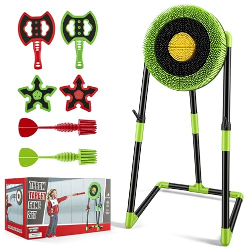 Juego de lanzamiento de hachas, juego de objetivos de jardín con soporte, 8 hachas de espuma, estrellas ninja y dardos, juego de lanzamiento de carnaval para niños y adultos, juegos de fiesta