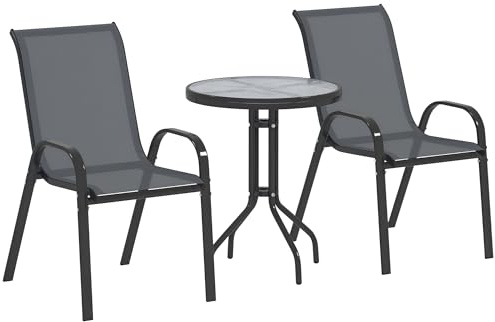 Outsunny 3 pièces Salon de Jardin extérieur, Ensemble de Meubles 2 fauteuils empilables, Table Basse avec Dessus en Verre trempé, Tissu en textilène, pour Patio, terrasse, Balcon, Gris foncé