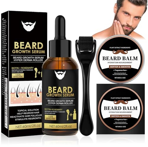 Kit Crescita Barba Uomo, Olio Per La Crescita Della Barba + Balsamo Barba, con Beard Roller, Per La Crescita Della Barba, Rendendolo un Ideale per Uomini o Padri