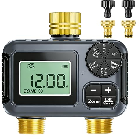 Programmatore d'irrigazione IPX5 a 2 uscite con ingresso e uscita in ottone, timer automatico con rinvio pioggia e modalità manuale per rubinetto, per giardino e prato