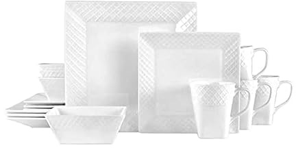 Trellis White Square 16 Piece Dinnerware Set, Service For 4